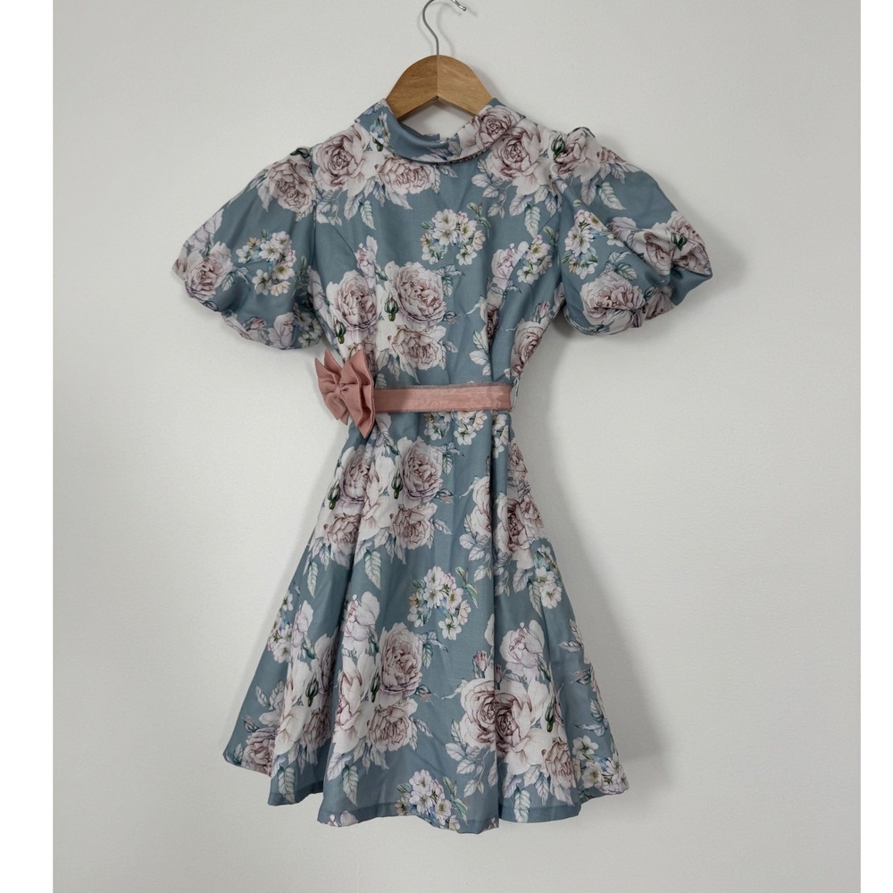 Peppermint Floral Dress Kids‎ Size 6-7Y Blue Pink Vintage Puff Sleeve Bow Sash